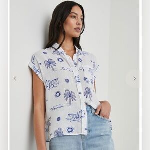 Rails Whitney Linen Shirt Blue Mykonos Print Mediterranean Summer Top Coastal M